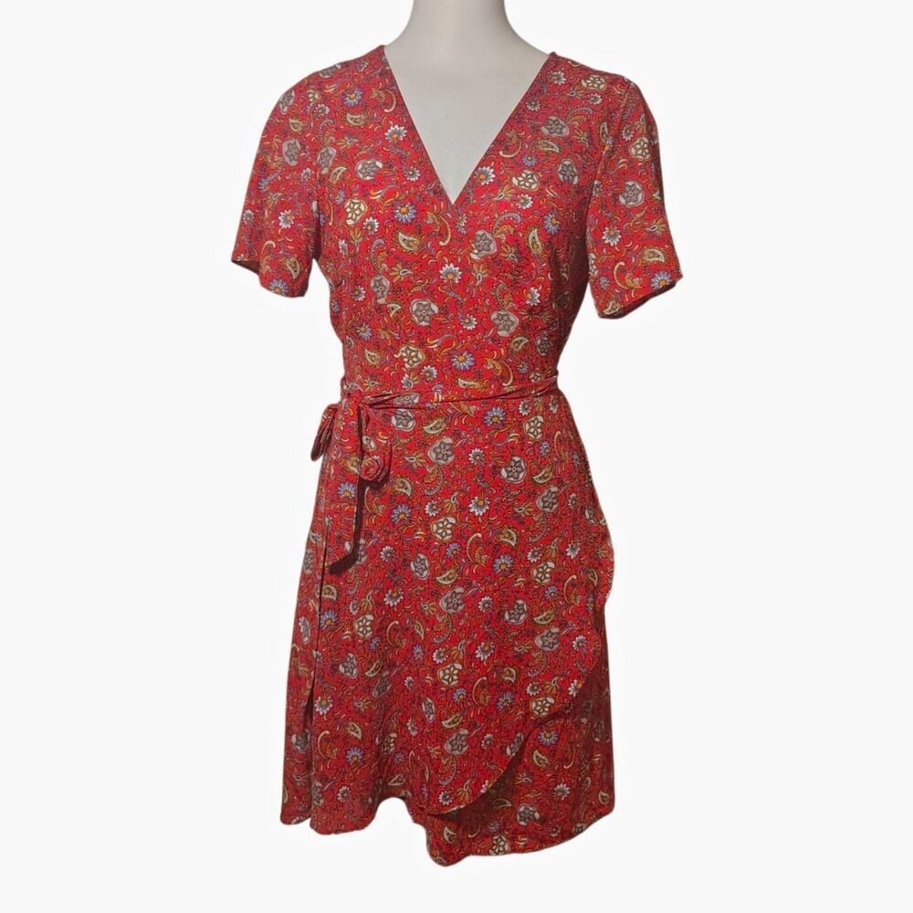 & HARMONY Wrap Dress V-Neck Short Sleeve Knee Red Floral Tie Waist Rayon L 00097